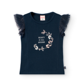 Dívčí tričko s květinovým nápisem a volánky BOBOLI