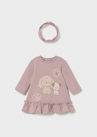 Dívčí růžové šaty s pejsky a volánkem – s čelenkou MAYORAL