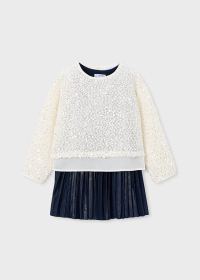 Dívčí krémovo-modré dvoudílné šaty s flitrovým svetříkem – na slavnosti MAYORAL