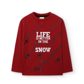 Chlapecké tričko s potiskem lyžařů a nápisem v červené barvě BOBOLI