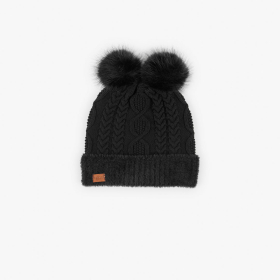 Hřejivá černá čepice s copánkovým vzorem a dvěma bambulemi. BOBOLI