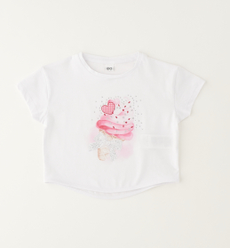 Dívčí bílé tričko s potiskem zmrzliny a mašlí IDO