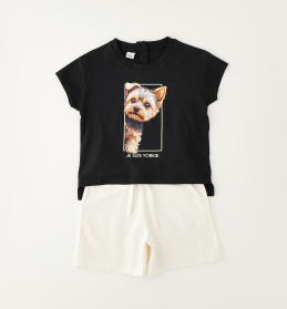 Dívčí letní set s tričkem Yorkie a světlými kraťasy IDO