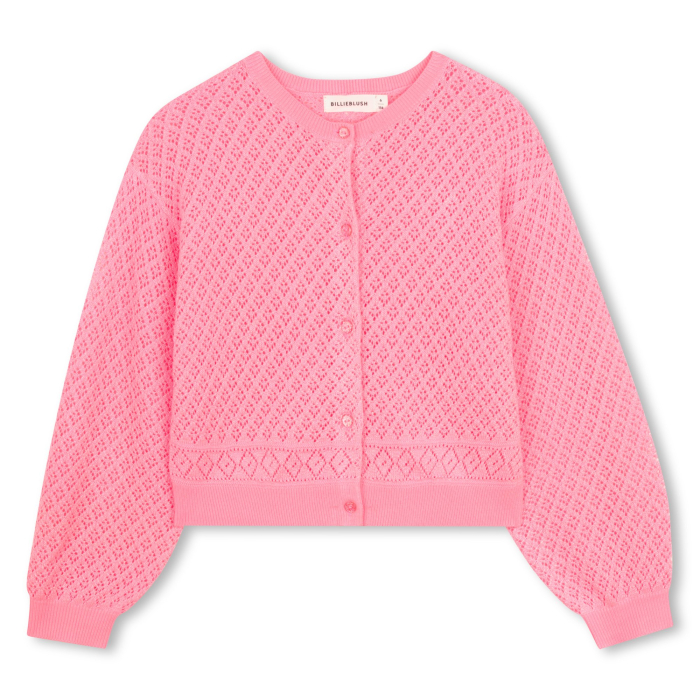 detail Dívčí kardigan, pletený svetr, růžový, glitry, prolamovaný vzor BILLIEBLUSH
