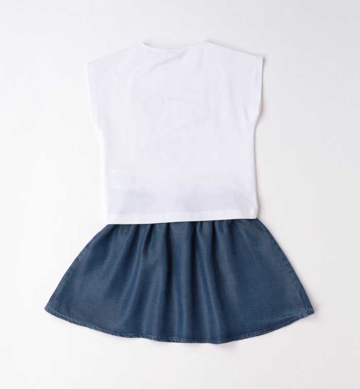 detail Dívčí letní set tričko s pejskem a džínová sukně IDO