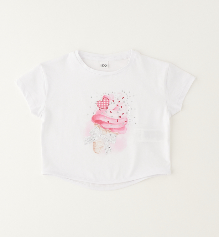 detail Dívčí bílé tričko s potiskem zmrzliny a mašlí IDO