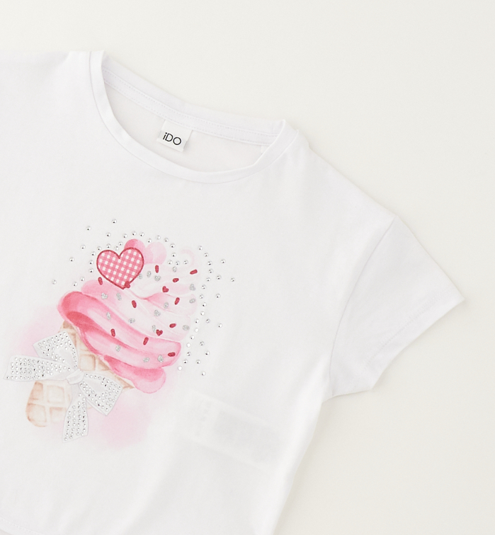 detail Dívčí bílé tričko s potiskem zmrzliny a mašlí IDO