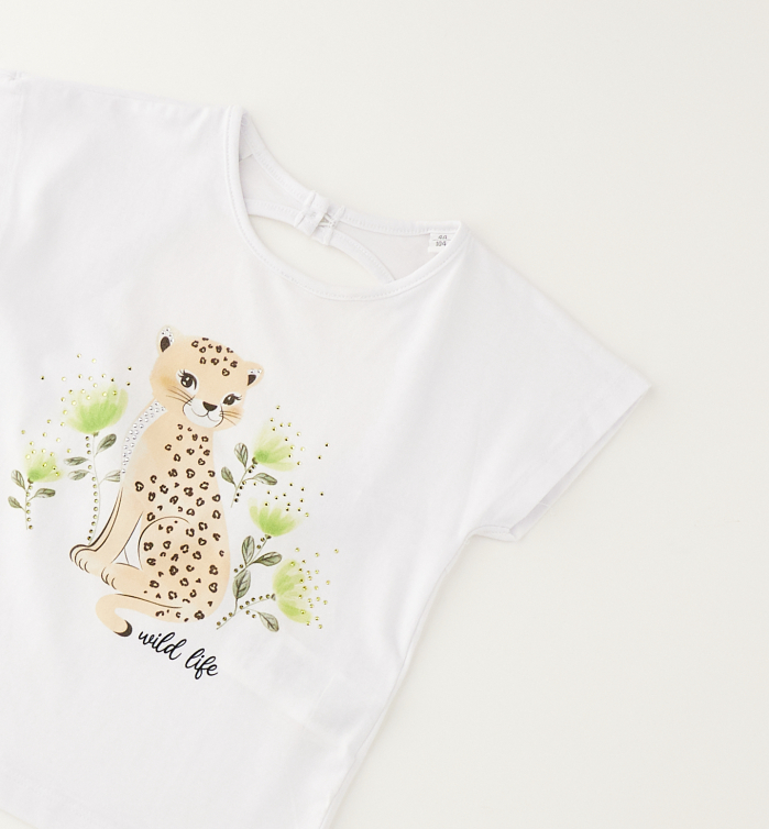 detail Dívčí bílé tričko s leopardem a nápisem Wild Life IDO