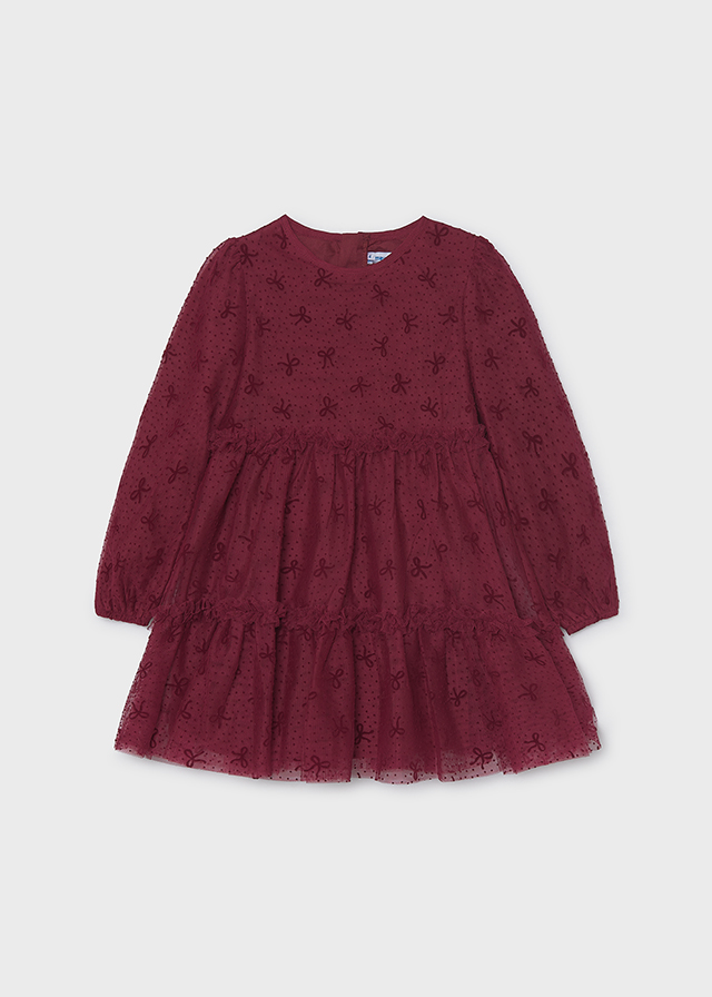 detail Dívčí vínové tylové šaty s dlouhým rukávem a vzorem MAYORAL