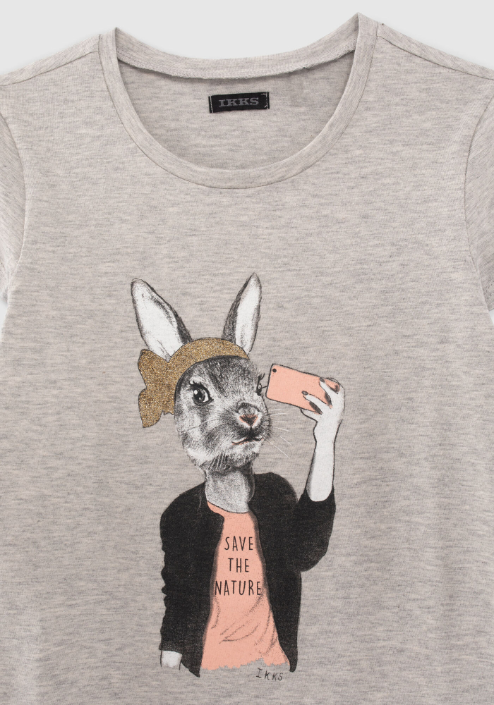 detail Dívčí tričko s obrázkem králíka s telefonem a třpytivou čelenkou IKKS